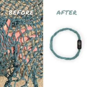 BRACENET upcycled ghost net is shown before the handicraft and afterwards as a finished Sea Shepherd bracelet
