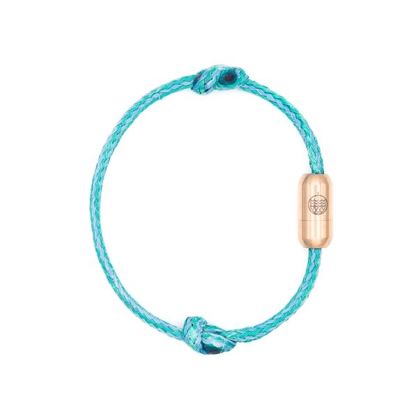 View of a light blue bracelet made from upcycled fishnet with a rose gold magnetic clasp