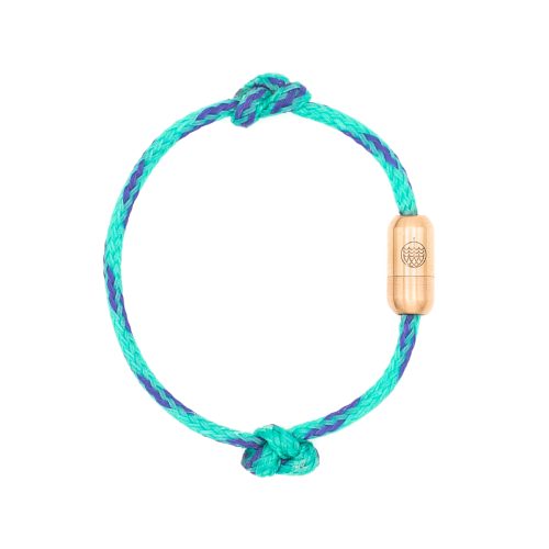 Turquoise blue upcycling bracelet with purple accents made from former fishing net by BRACENET