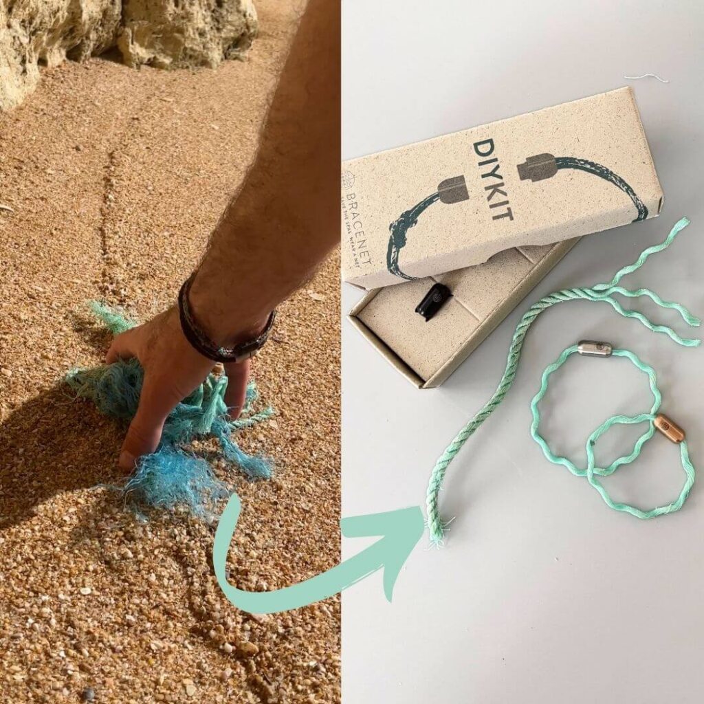 CleanUp am Strand und das fertige Upcycling Armband aus Fischernetz mit dem BRACENET DIY KIT