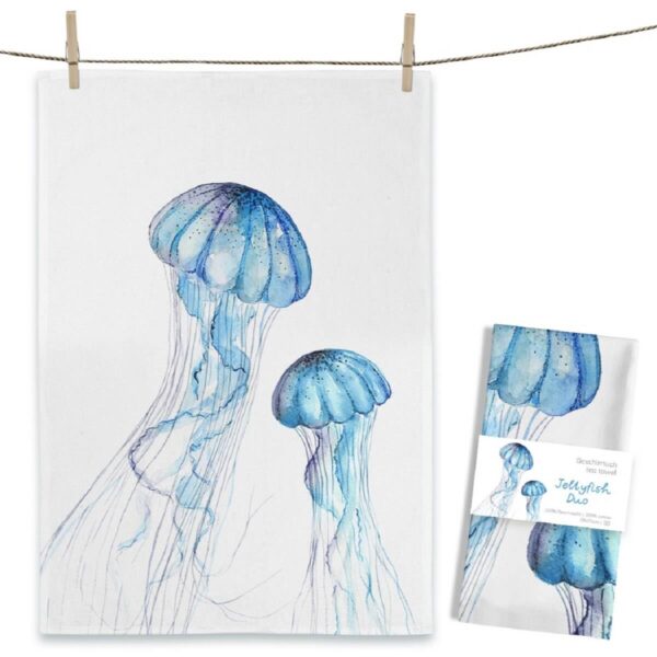 MALUU tea towels with the Jellyfish Duo design made of 100% cotton, blue jellyfish on a white tea towel