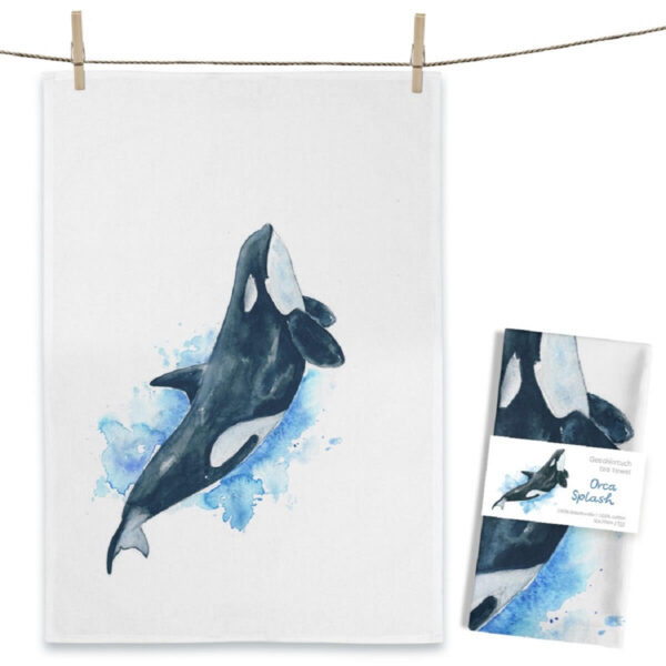 MALUU tea towels with the design Orca Splash made of 100% cotton, blue drawn orca whale on a white tea towel