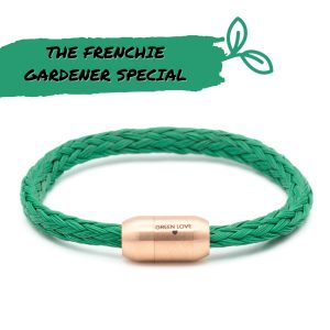 The Frenchie Gardener Bracenet aus grünem, alten Fischernetz mit roségoldenen Magnetverschluss