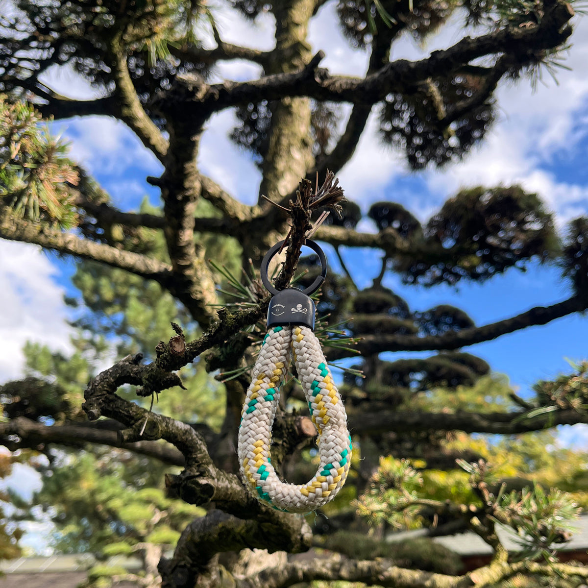 Der Sea Shepherd X BRACENET x humanvoll Schlüsselanhänger mit schwarzer Kappe mit dem Sea Shepherd und humanvoll Logo aus weißem Fischereiseil mit gelben und grünen Akzenten hängt an einem Ast