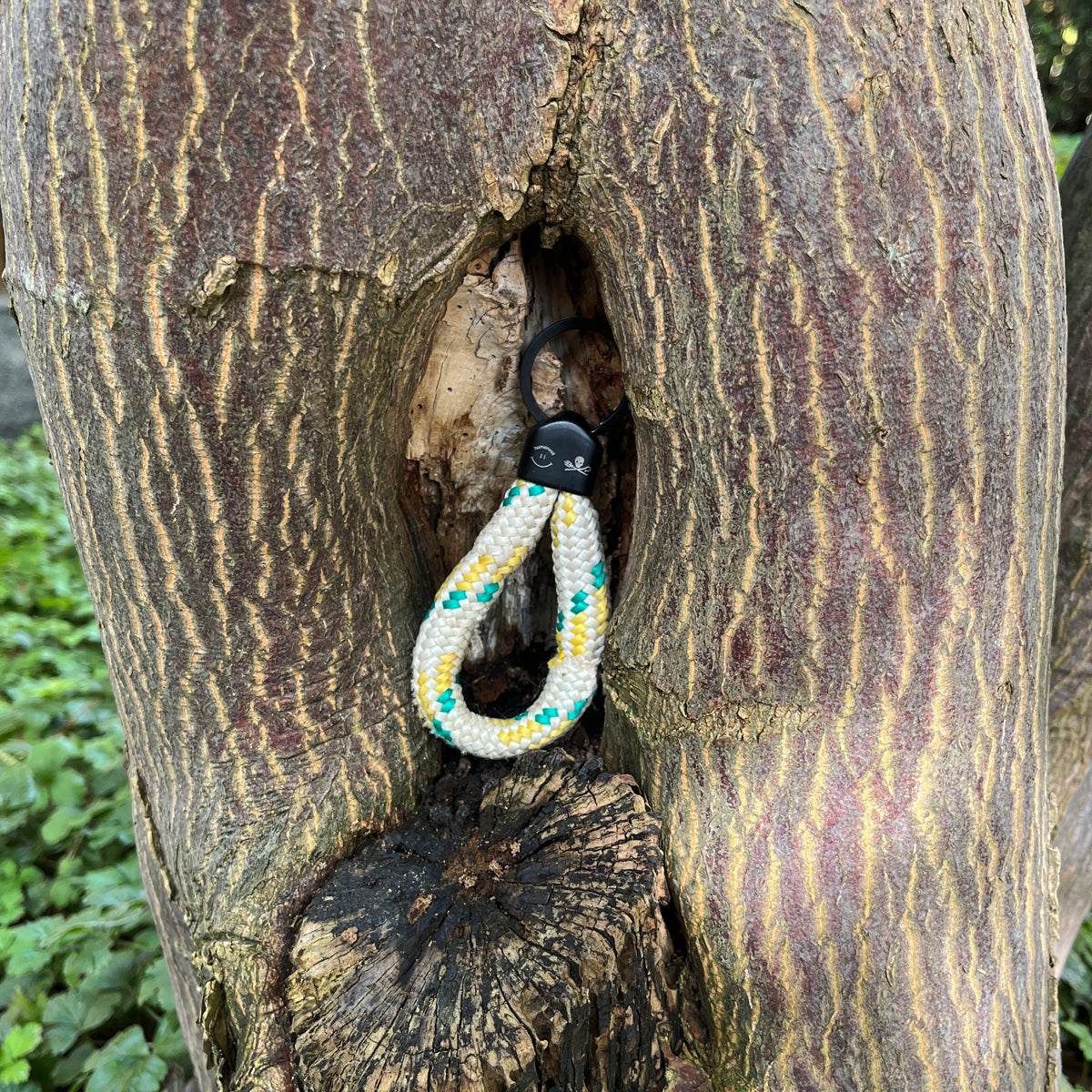 Der Sea Shepherd X BRACENET x humanvoll Schlüsselanhänger mit schwarzer Kappe mit dem Sea Shepherd und humanvoll Logo aus weißem Fischereiseil mit gelben und grünen Akzenten hängt an einem Baum