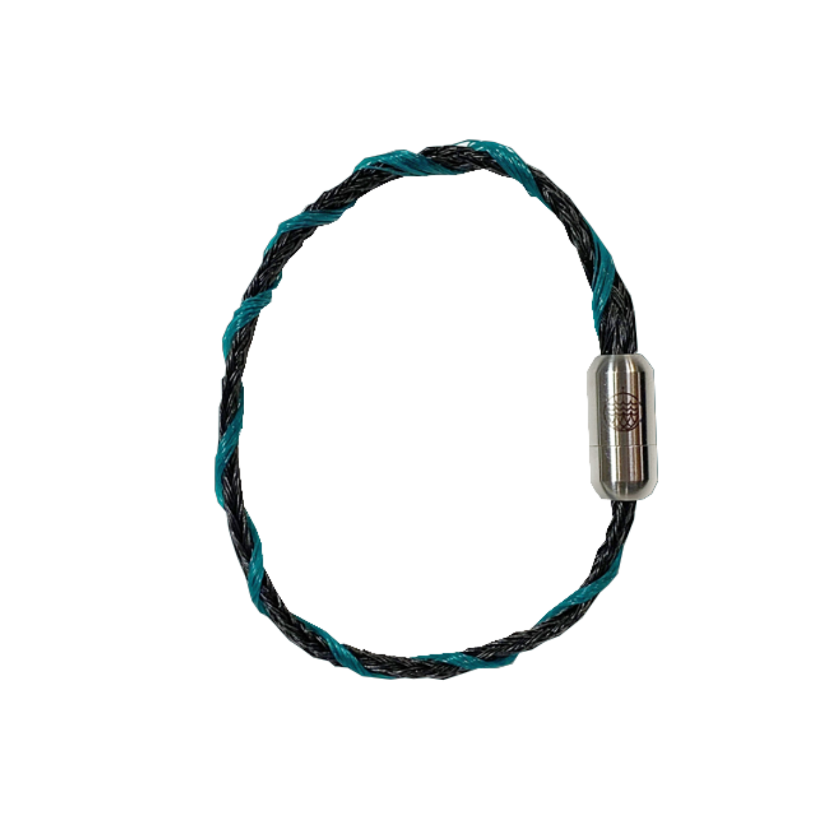 November BRACENET Upcycling Armband Timor Sea aus schwarzen und petrolfarbenen Fischernetzen mit silber Verschluss.