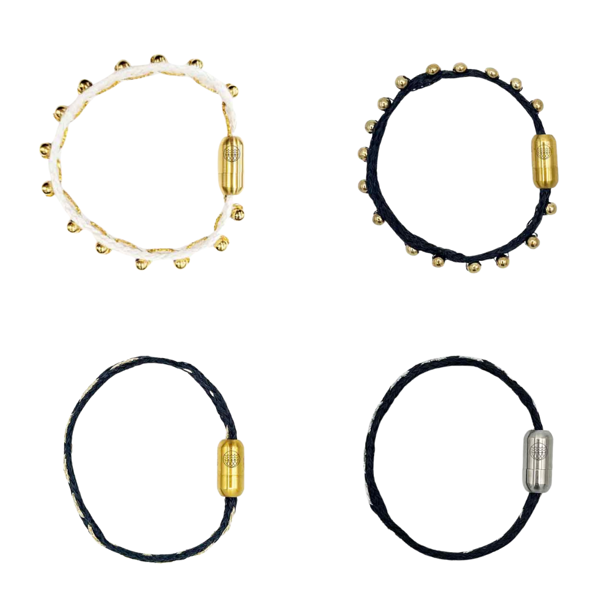 Alle Produkte der BRACENET Glam Edition. Oben links das Armband aus weißem Fischernetz mit goldenen Perlen und goldenem Magnet Verschluss. Oben recht das Armband aus schwarzem Netz mit goldenen Perlen und goldenem Magnetverschluss. Unten links das Armband aus schwarzem Fischernetz mit goldenem Faden durchzogen und goldenem Magnetverschluss. Unten rechts das Armband aus schwarzem Fischernetz mit silbernem Faden durchzogen und silbernem Magnetverschluss.