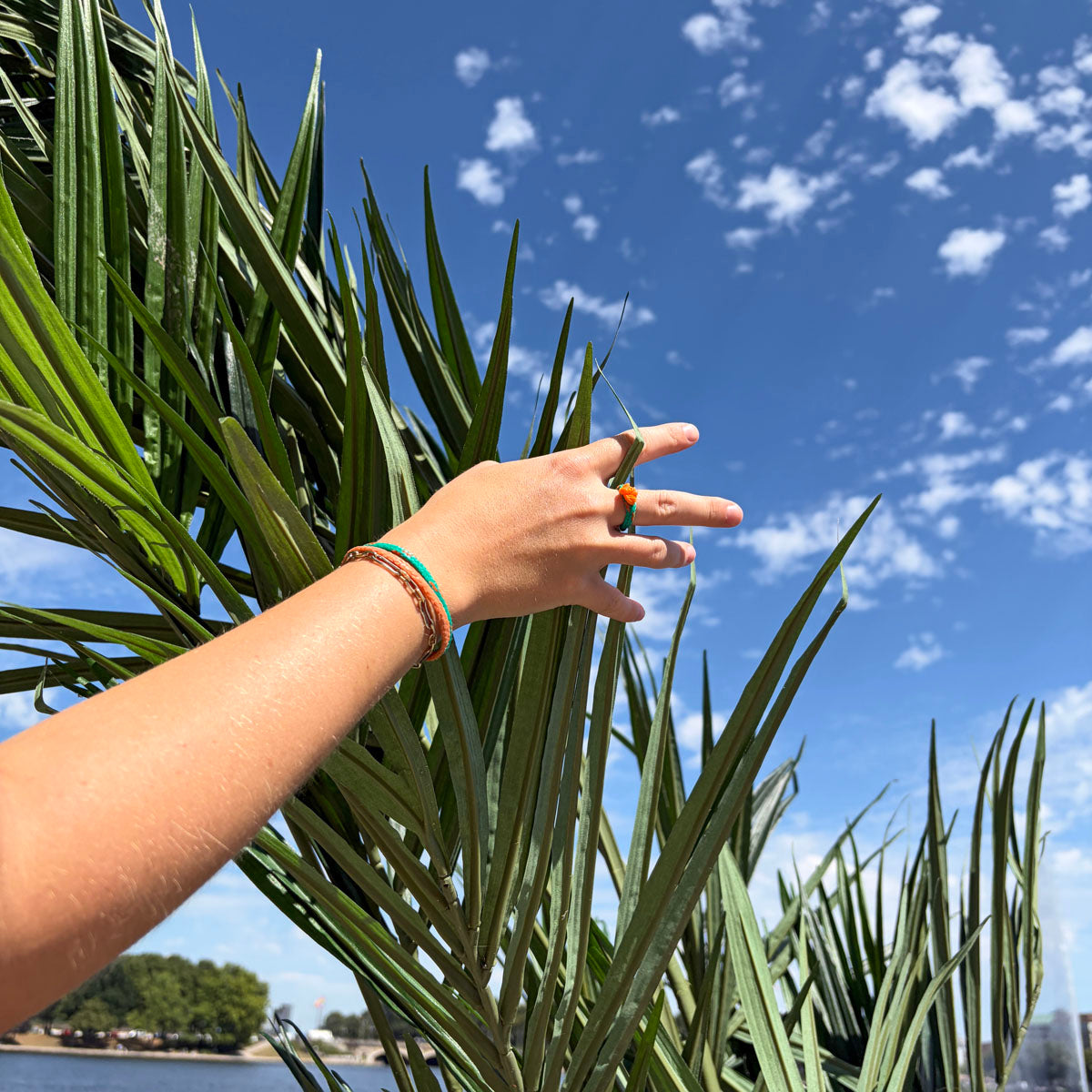 Person trägt August Bracenet Phuket Armband aus Fischernetz mit einem Strang Fischernetz in Grün mit Highlights in Orange, einem Strang Fischernetz in Orange und einem Magnetverschluss in Roségold und August Ring Kohg Phi Phi aus Fischernetz in Grün mit Highlights in Orange und einem orangenen Knoten and der Hand und hat die Hand in einer Palme.