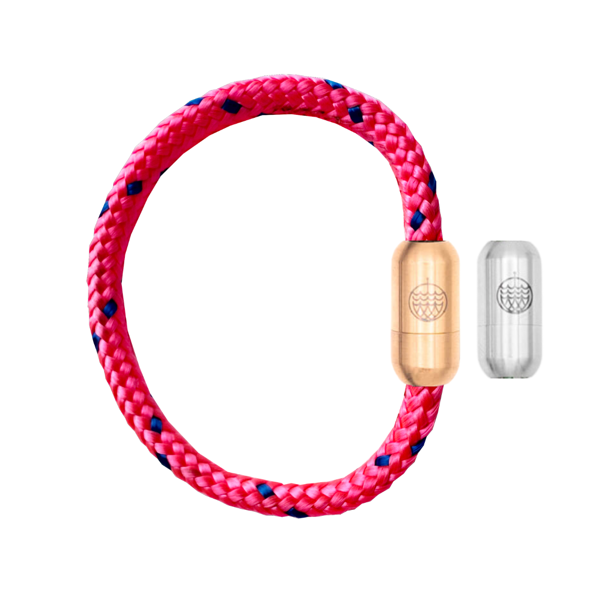 Gulf of Bothnia Bracenet aus Fischernetz in Pink mit blauen Punkten und Magnetverschluss in Roségold und Silber.