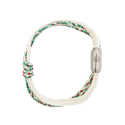 Enard Bay Bracenet aus Fischernetz in Weiß und Grün mit Umwicklung in der Mitte und mit Bajonettverschluss in Silber.  