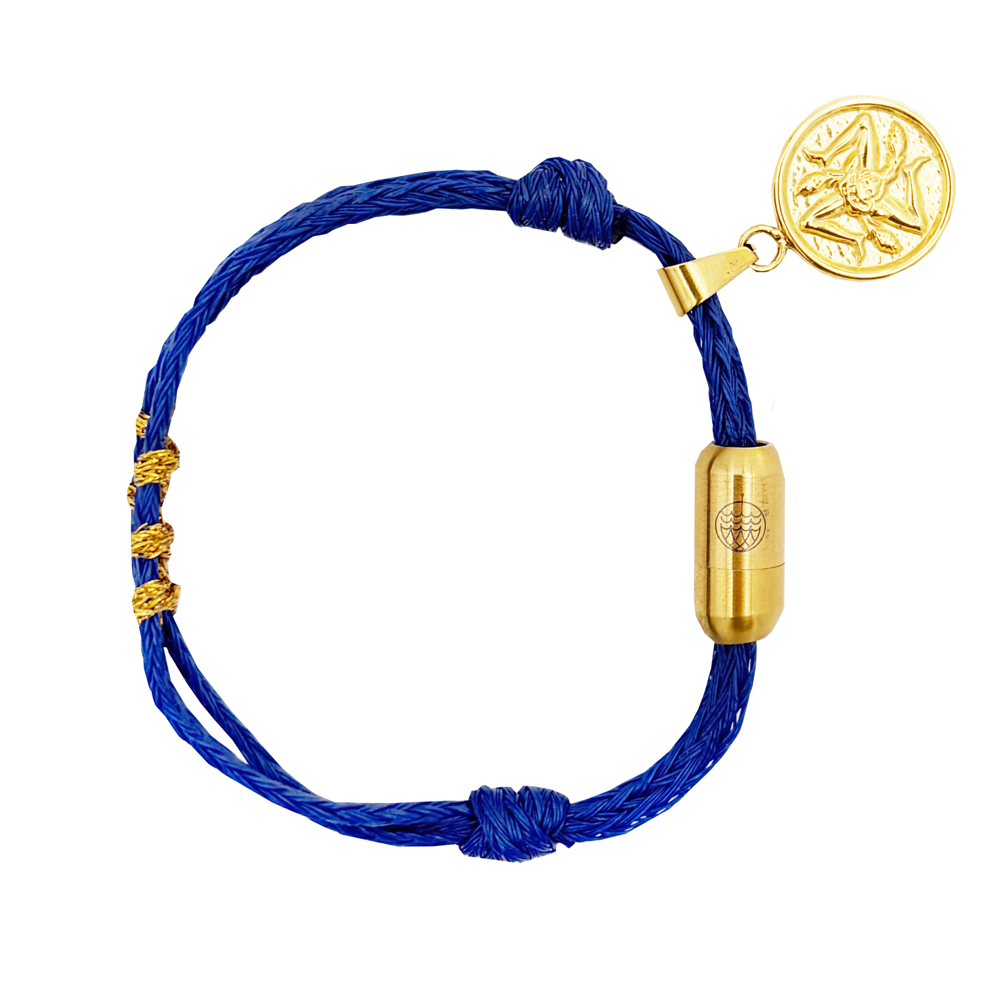 Sicilia, Sizilien Bracenet Bracelet aus Fischernetz in blau und gold mit Edelstahl Magnetverschluss und einem Medusa Anhänger als Freisteller