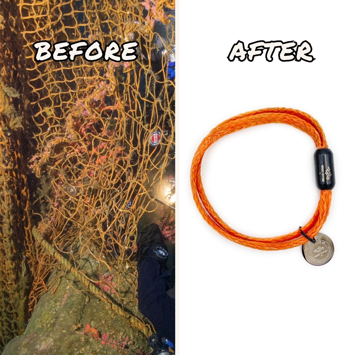 Ansicht des BRACENET Upcycling Armband Ghost Diving USA aus orangenen alten FIschernetzen und einem schwarzen Magnetverschluss und Edelstahlanhänger im Vergleich zu dem alten Geisternetz vorher