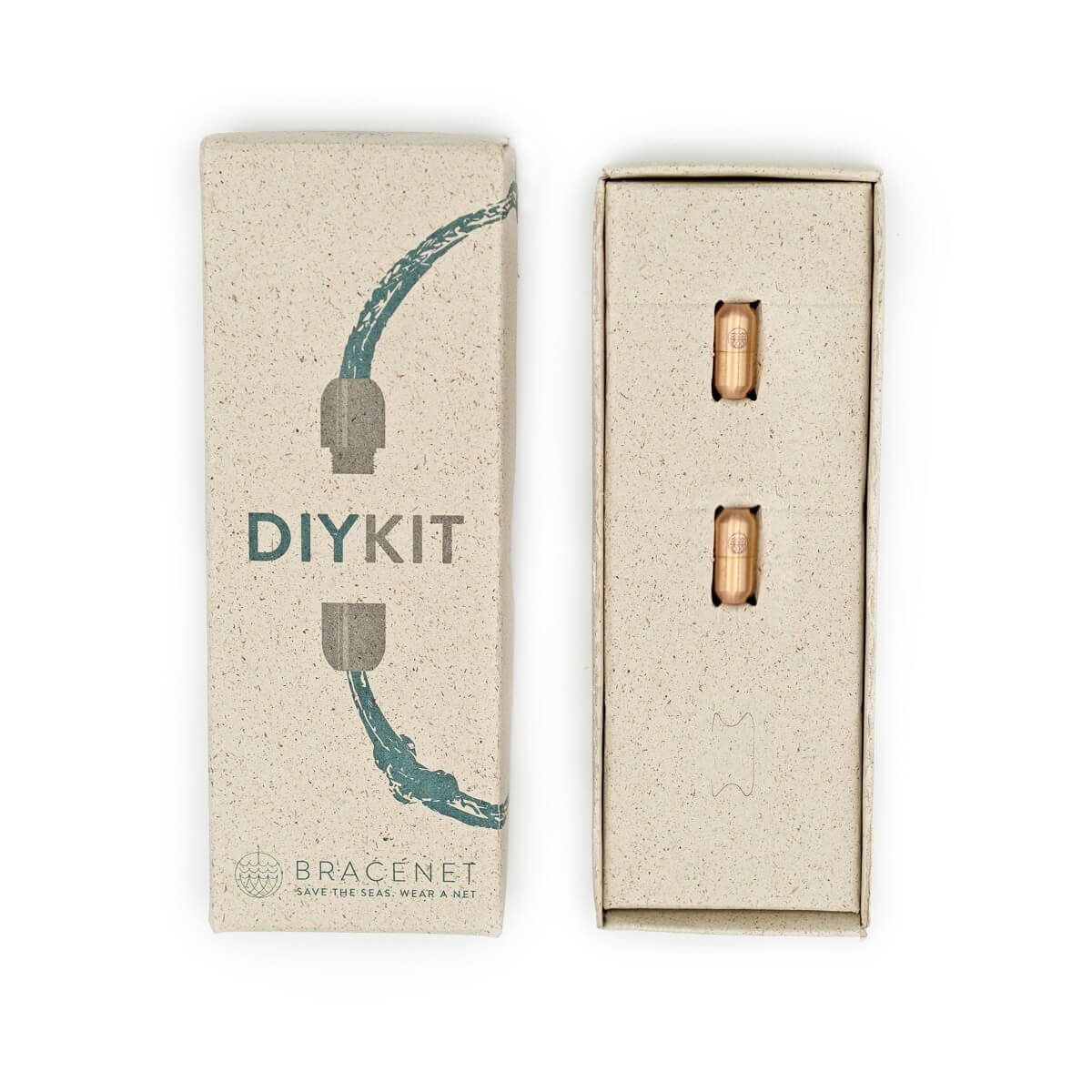 Abbildung der BRACENET DIY KIT Verpackung mit zwei roségoldenen Drehverschlüssen aus Edelstahl zur Fertigung eines nachhaltigen Armbands