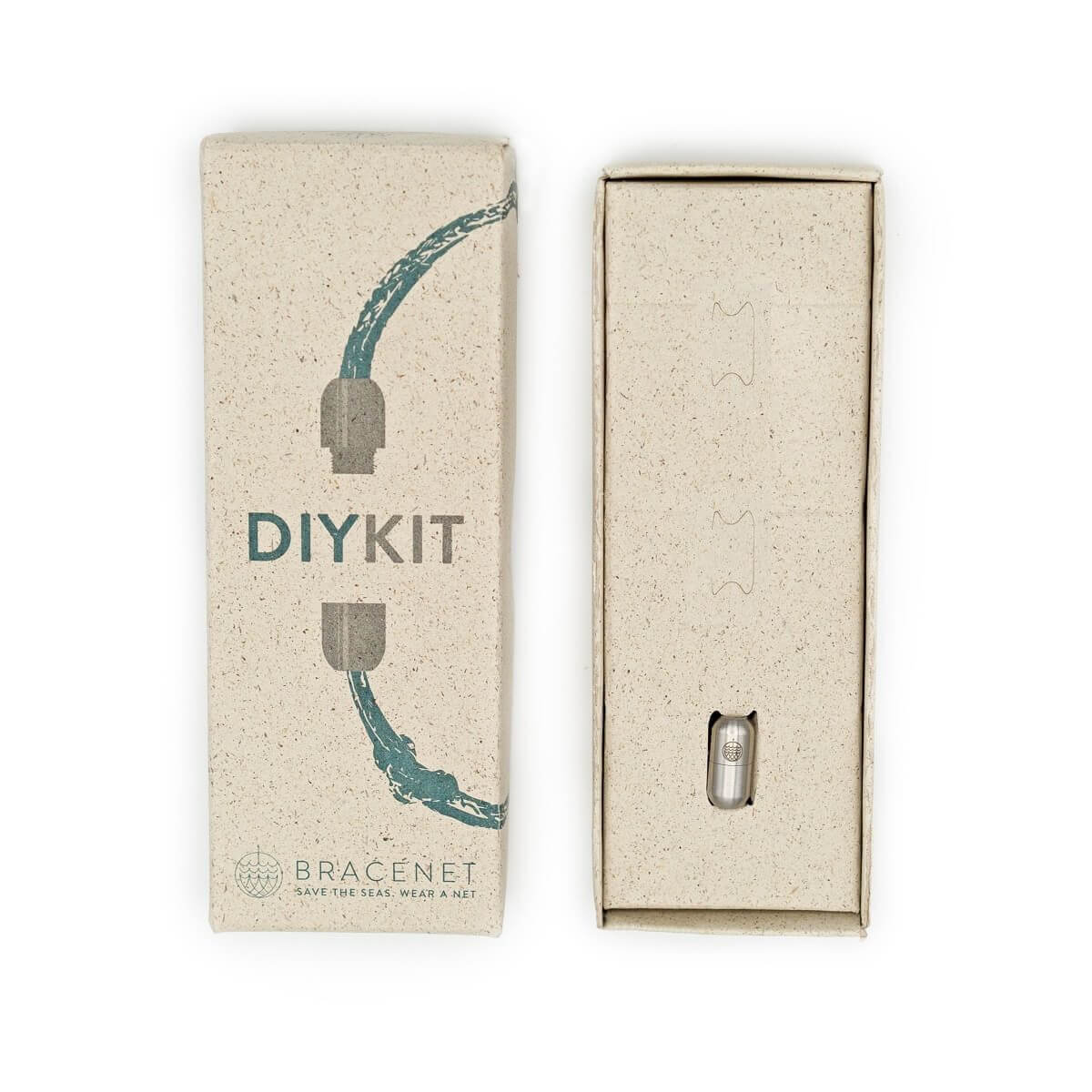 Abbildung der BRACENET DIY KIT Verpackung mit einem silbernen Drehverschluss aus Edelstahl zur Fertigung eines nachhaltigen Armbands