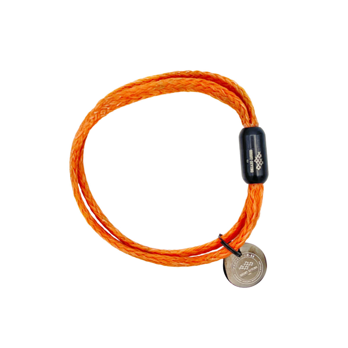 BRACENET Upcycling Armband Ghost Diving USA aus orangenen alten Fischernetzen und einem schwarzen Magnetverschluss und Edelstahlanhänger 