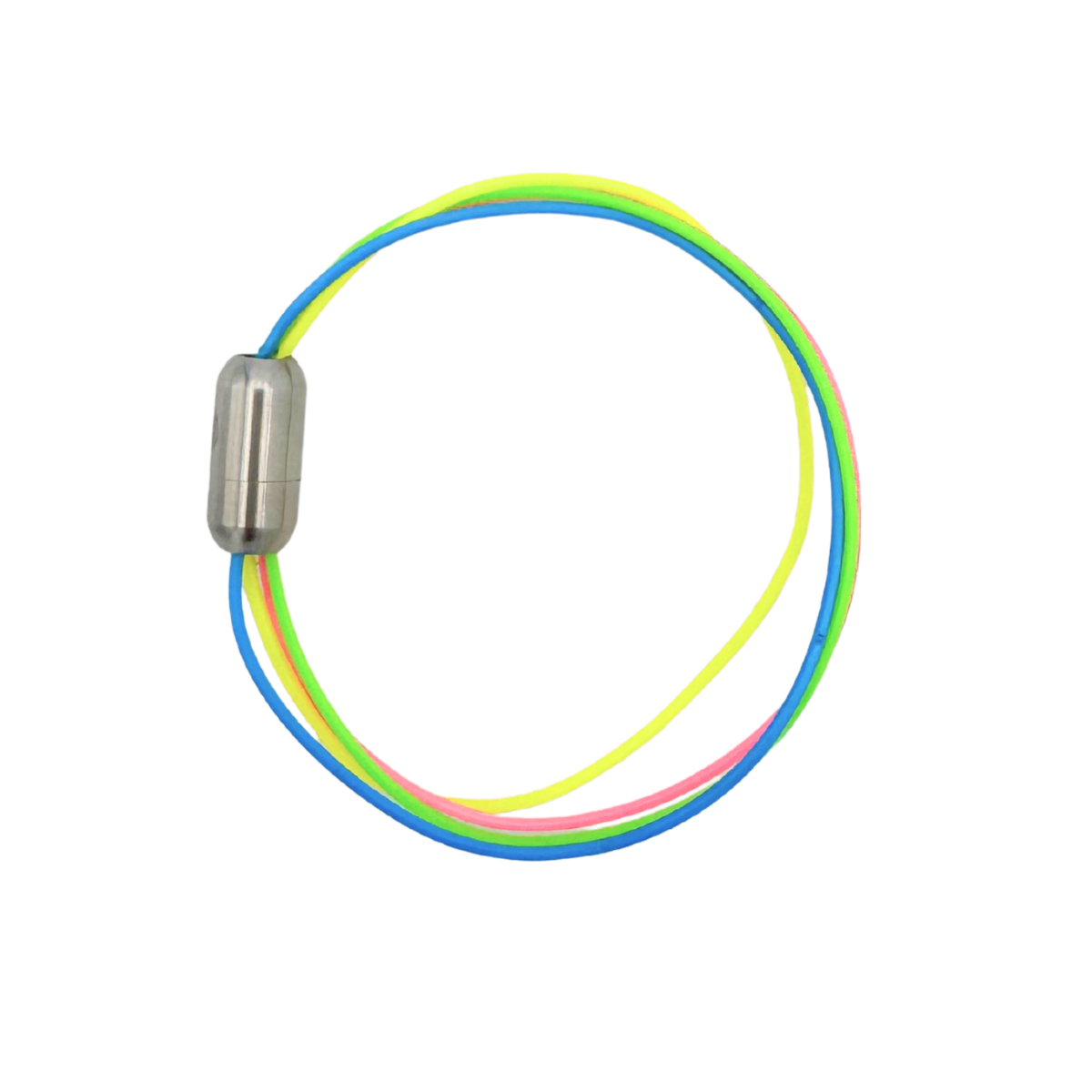 CourtNet Armband aus bunten Tennissaiten in Pink, Gelb, Grün und Blau mit Magentverschluss in Silber. 