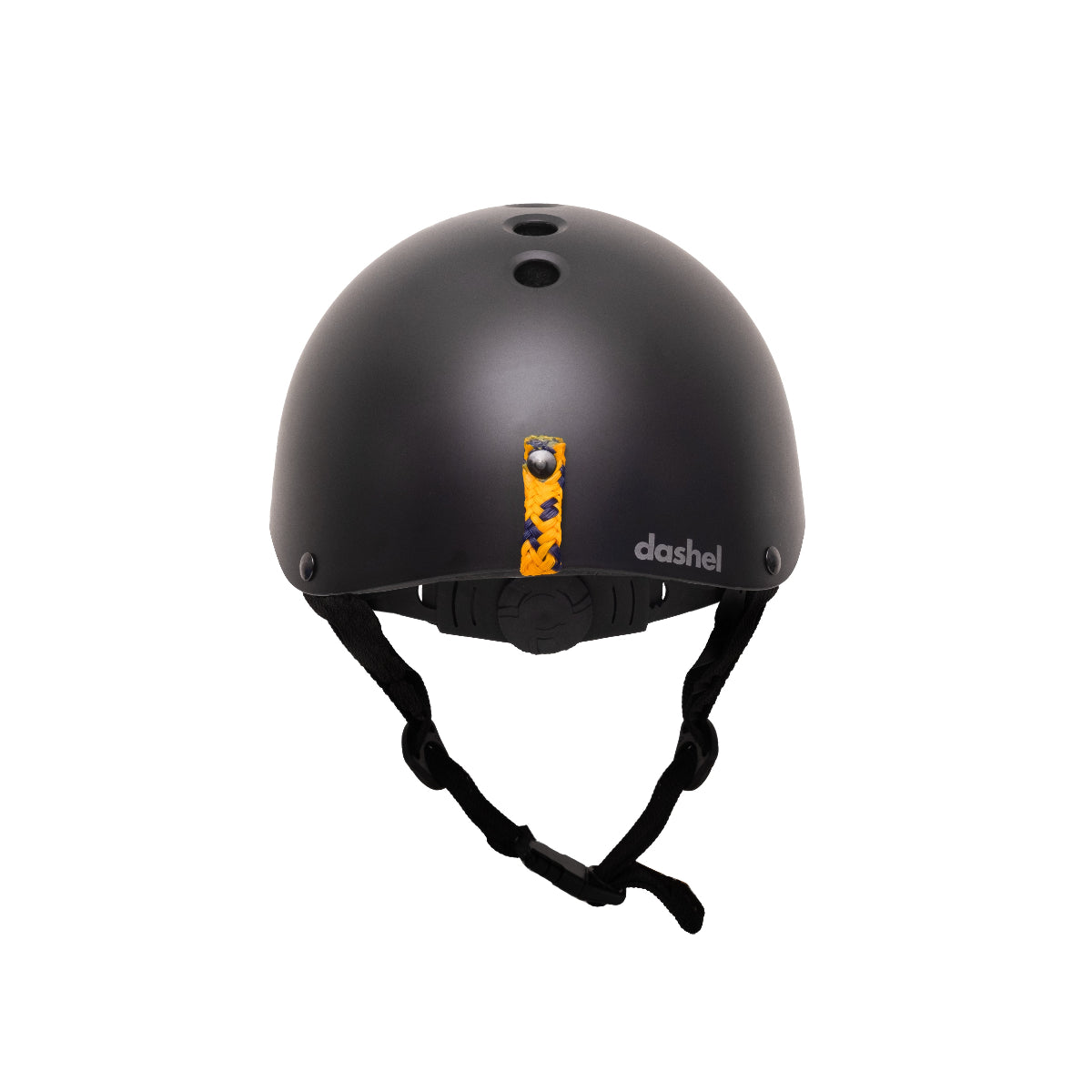 Dashel x BRACENET Kids' Sea Shepherd Fahrradhelm in Schwarz mit Jolly Roger Logo und Fischernetz-Schlaufe in Gelb und Blau von hinten. 