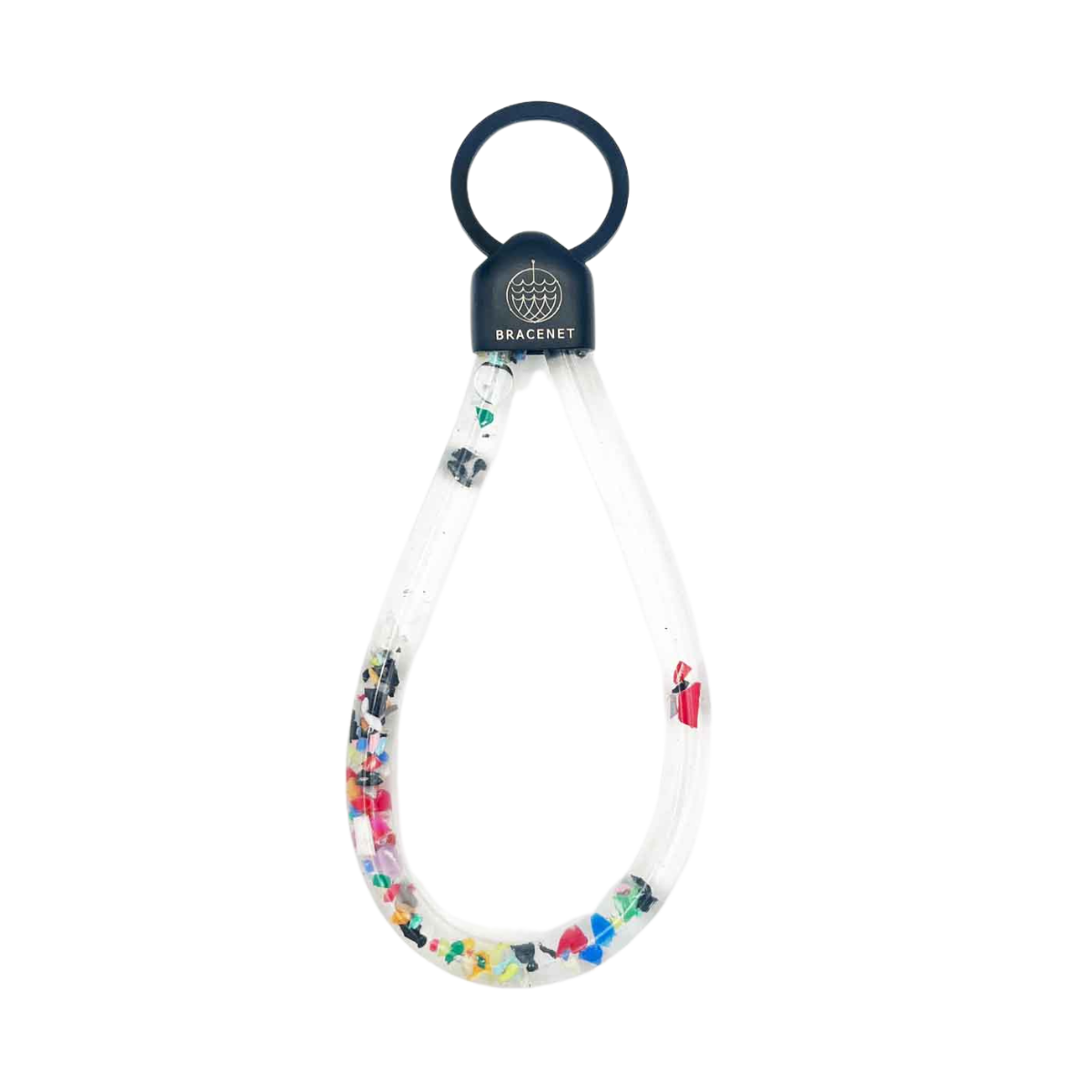 BRACENET Floating Upcycling Schlüsselanhänger aus alten Plastiktuben gefüllt mit Mikroplastik, destilliertem Wasser und Glycerin mit Edelstahlkappe und Ring in schwarz.