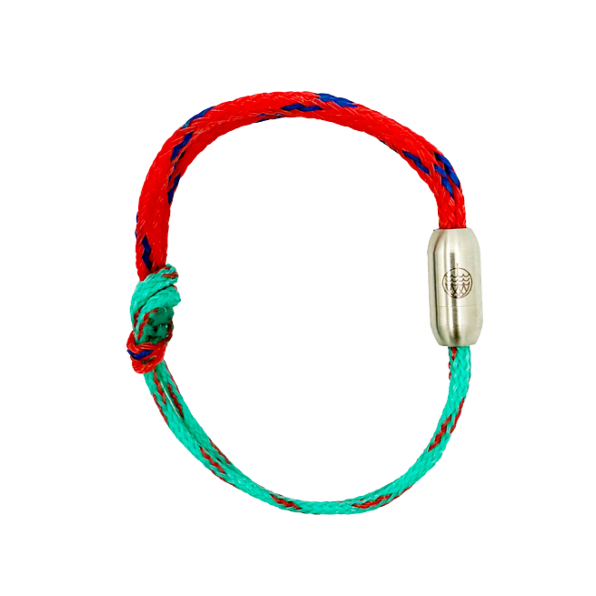 April Bracenet Gulf of Mannar aus Fischernetz in Rot und Türkis mit Knoten und mit Bajonettverschluss in Silber.  