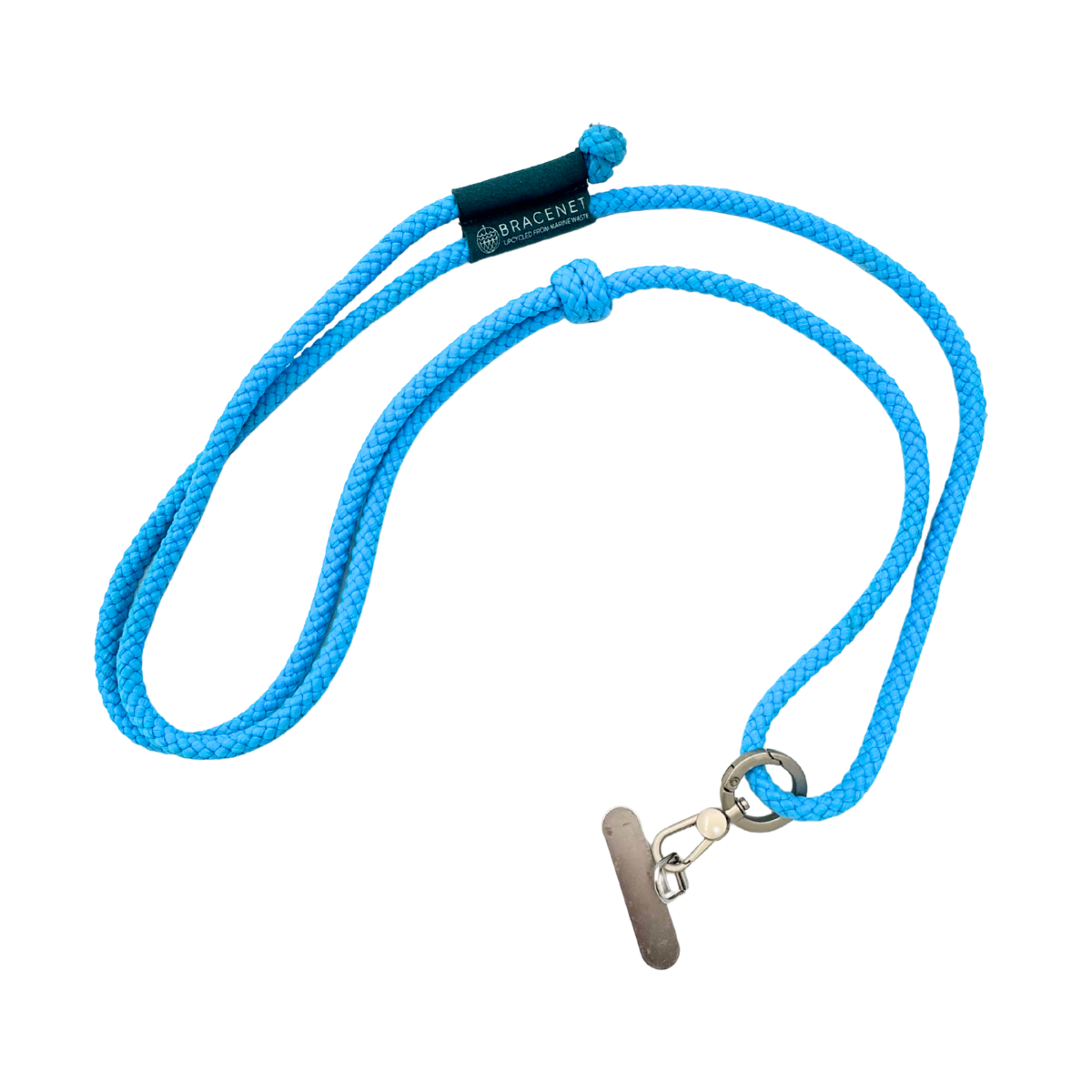 BRACENET größenverstellbare Handykette Solomon Sea aus hellblauen Fischereiseilen mit Kunstwildleder-Label in petrol, mit Einlegeplättchen für die Handyhülle mit D-Ring in Silber aus Alloy und Karabiner in Silber aus Alloy. 