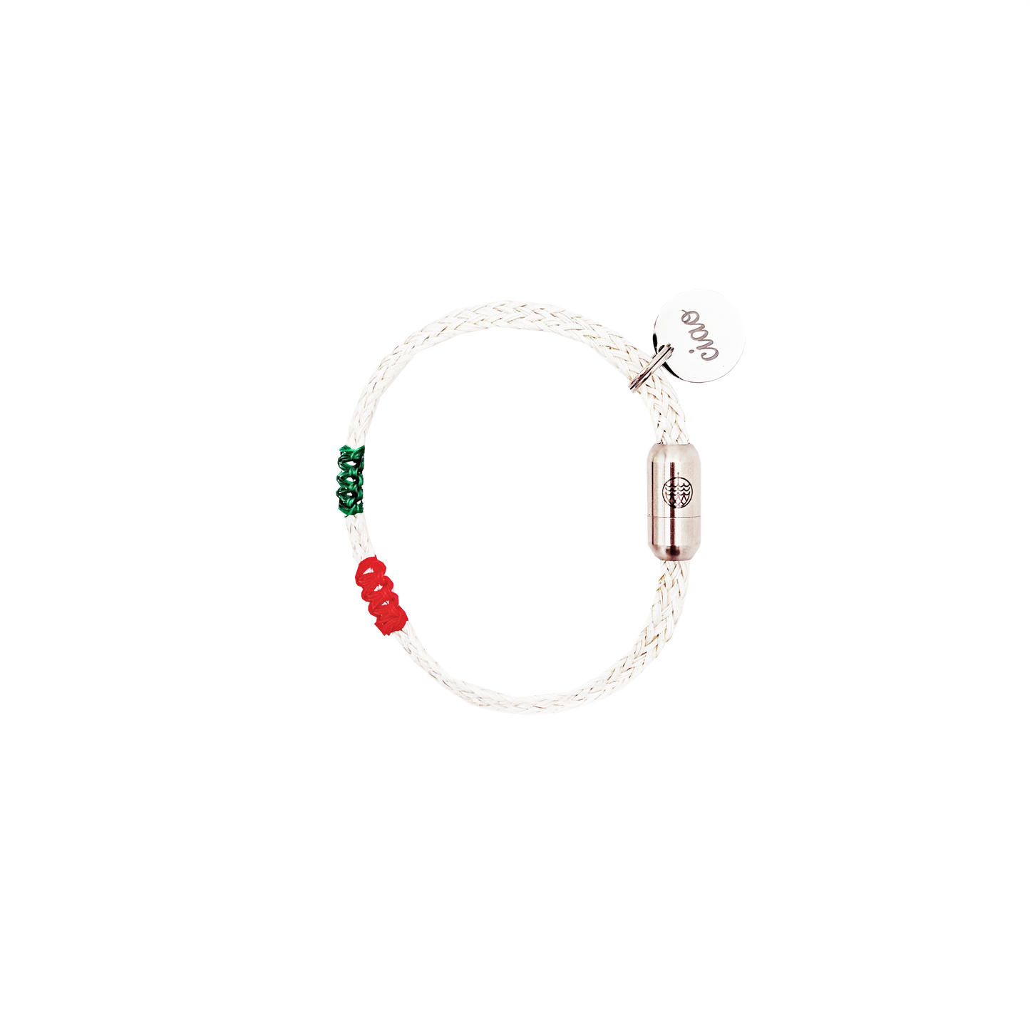 Italy, Italien Bracenet Bracelet  aus ehemaligem Fischernetz in Weiß mit roten und grünen Akzenten mit Edelstahl Magnetverschluss und einem Edelstahlanhänger mit Ciao Gravur als Freisteller 