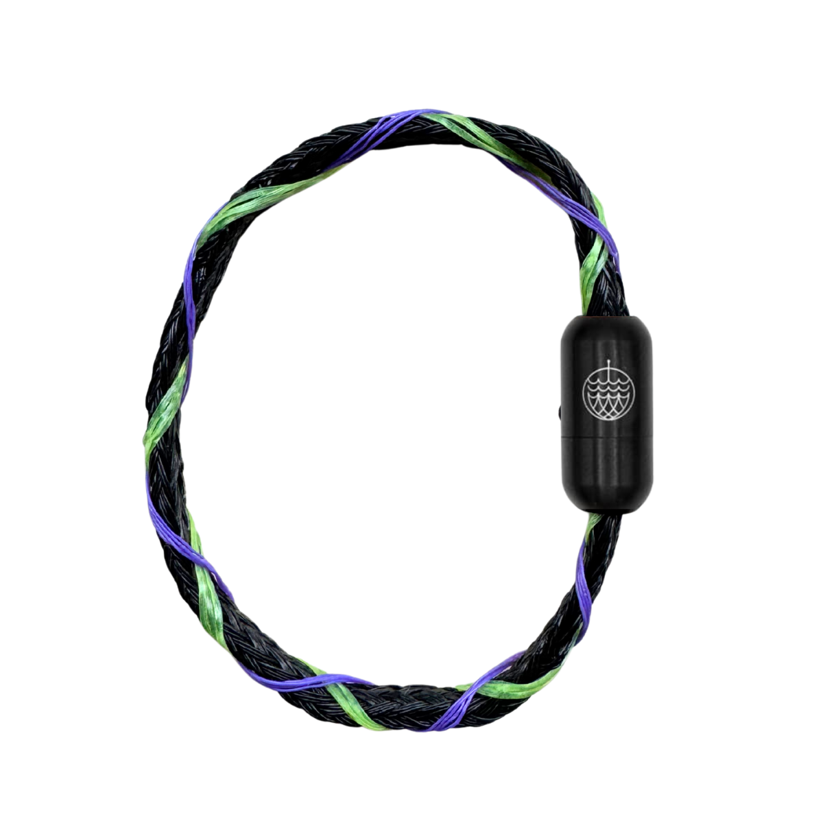 Januar Bracenet Kara Sea aus schwarzem Fischernetz mit Umwicklungen aus Dolly Ropes in Grün und Lila mit schwarzem Bajonettverschluss. 