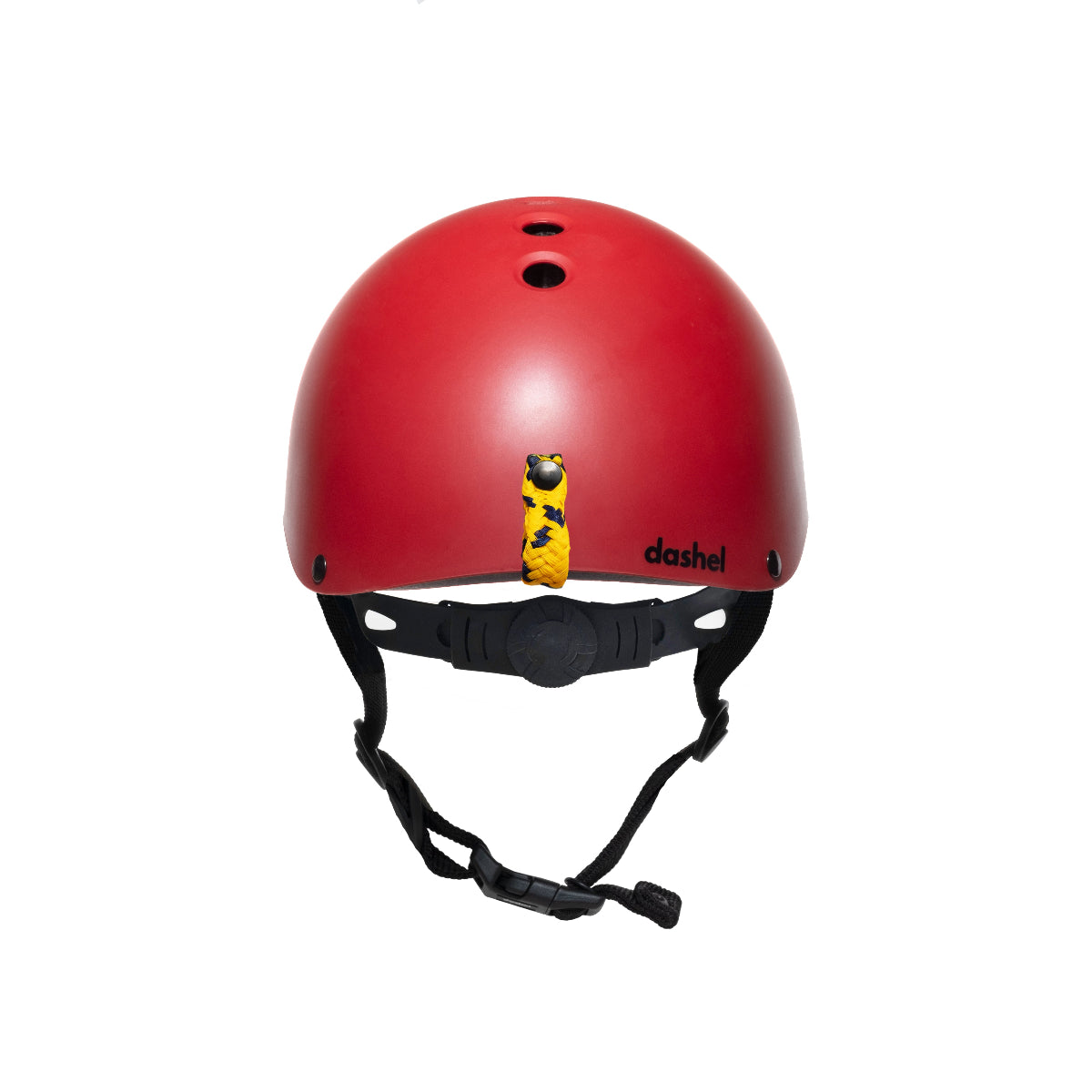 Dashel x BRACENET Kids' Ocean Fahrradhelm in Rot mit Schlaufe aus Fischernetzen in Gelb und Blau von hinten. 