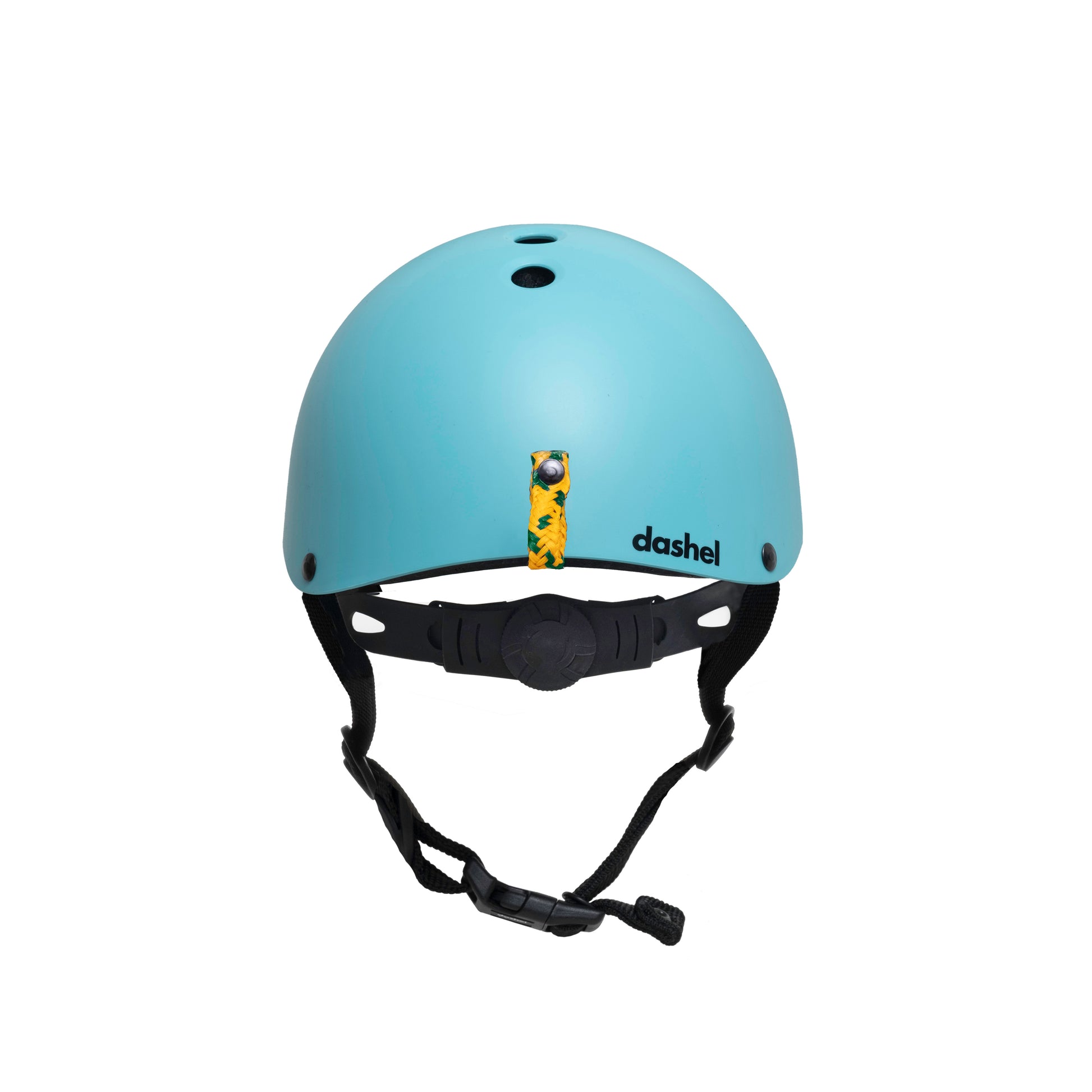 Dashel x BRACENET Kids' Ocean Fahrradhelm in Türkis mit Schlaufe aus Fischernetzen in Gelb und Blau von hinten. 