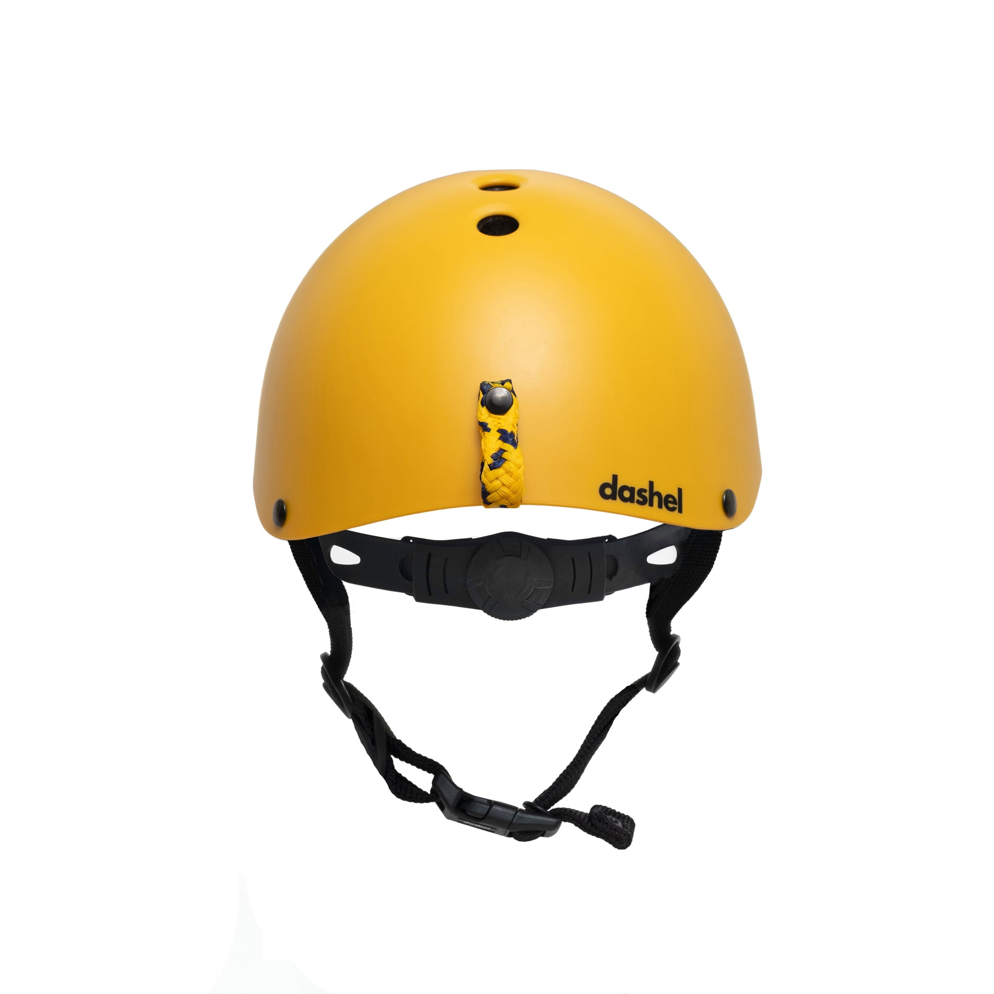 Dashel x BRACENET Kids' Ocean Fahrradhelm in Gelb mit Schlaufe aus Fischernetzen in Gelb und Blau von hinten.