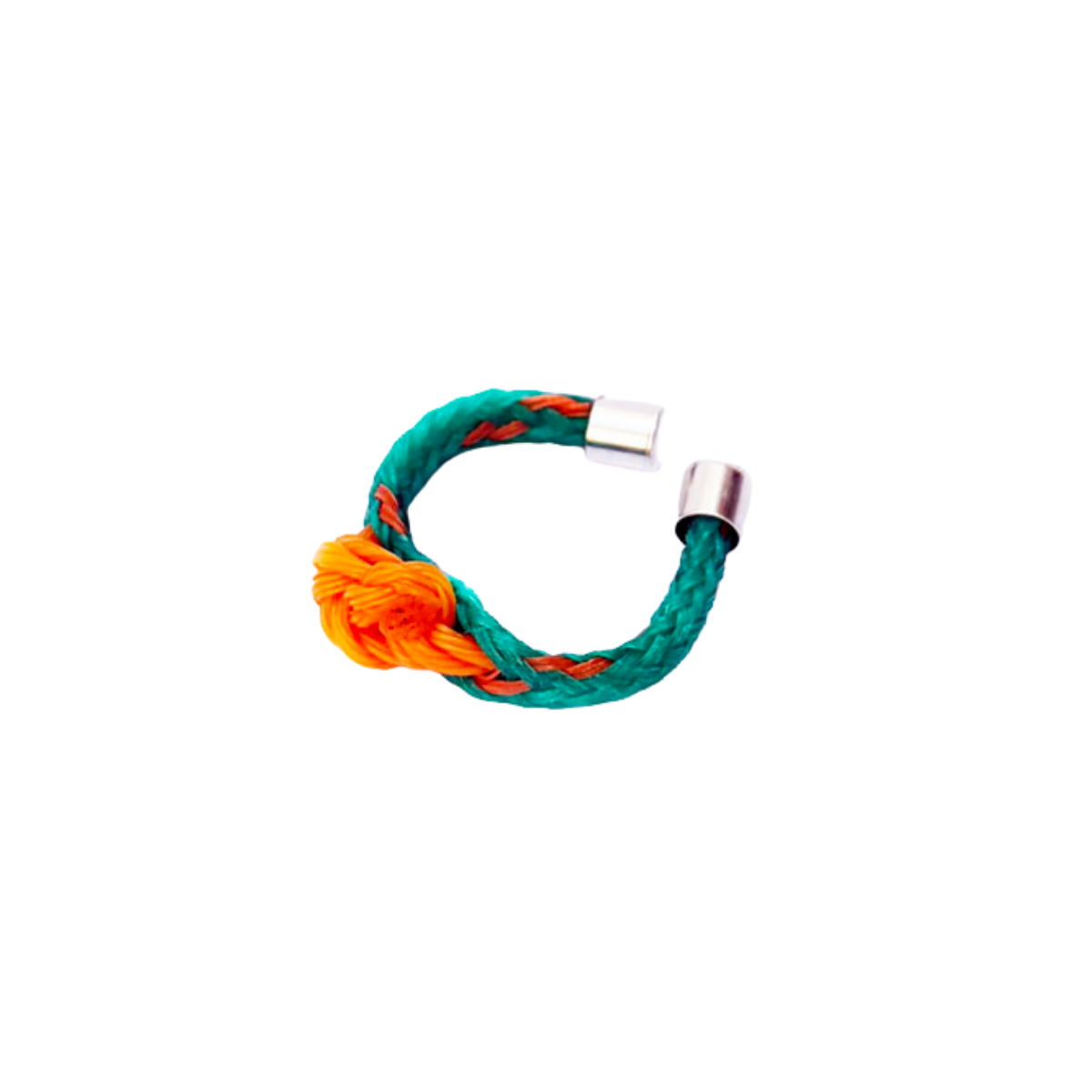Koh Phi Phi Ring aus Fischernetz in Grün und Orange mit Fischernetzknoten in Orange und silbernen Endkappen.