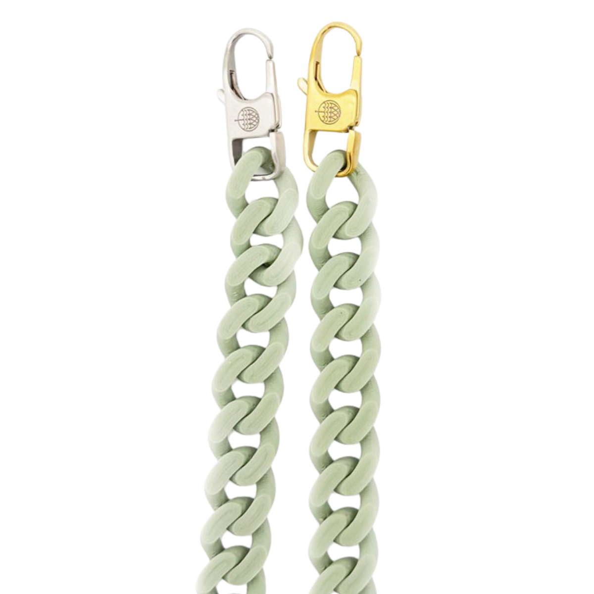 SeaChain Bracenets in 3D Druck aus alten Fischernetzen hergestellt in Blassgrün mit kleinem Clip Karabiner in Gold oder Silber. 