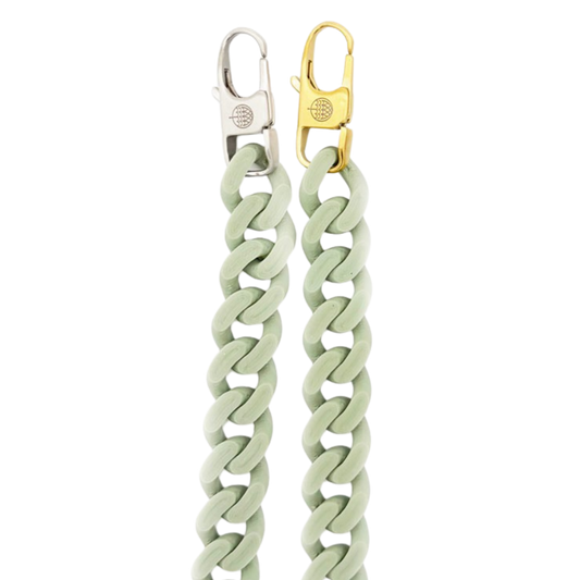 SeaChain Bracenets in 3D Druck aus alten Fischernetzen hergestellt in Blassgrün mit kleinem Clip Karabiner in Gold oder Silber. 
