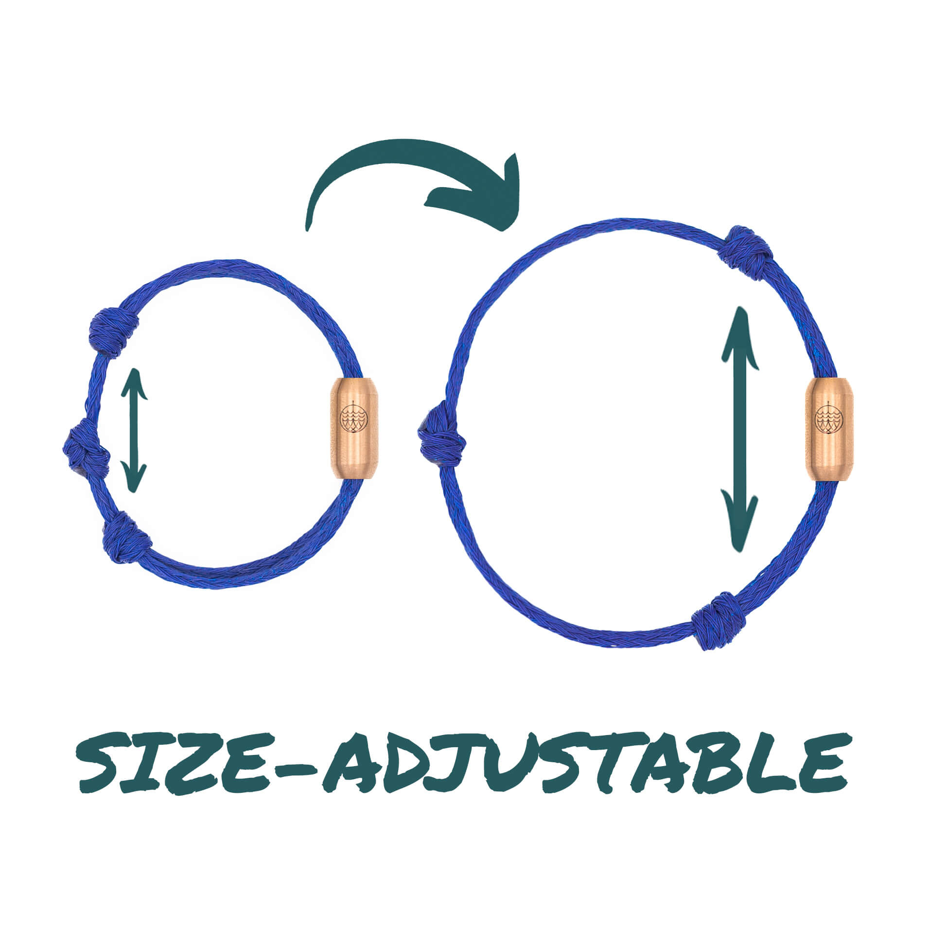 Vergleich des BRACENET Upcycling Armband Baffin Bay aus alten blauen Fischernetzen mit roségoldener Tube in klein und groß, um die Größenverstellbarkeit zu zeigen.